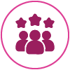 Stylized team icon with stars, representing the expert and subspecialized radiologists who review the scans.
